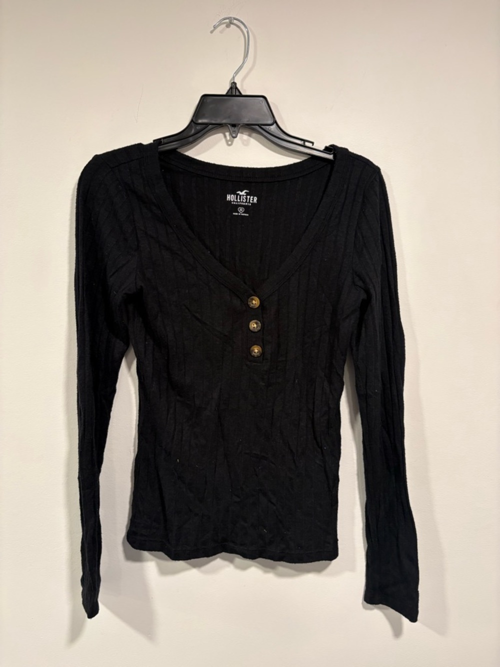 Hollister Black Ribbed V-Neck Henley Long-Sleeve Top